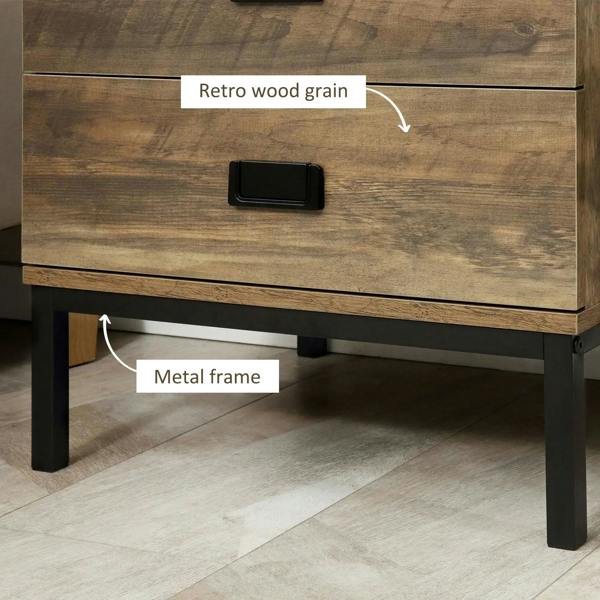 Brown retro bedside table showing wood-grain drawer front and dark metal frame