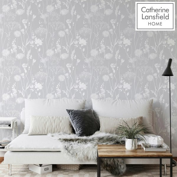 Catherine Lansfield Meadowsweet Floral Grey Straight Match Wallpaper