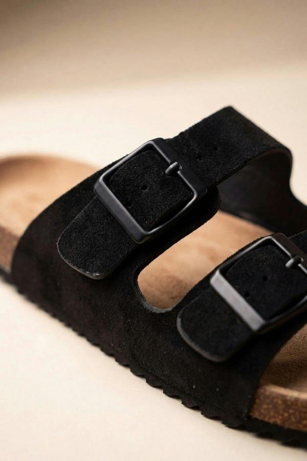 Harper Womens Double Buckle Cork Slide Sandals - JET BLACK