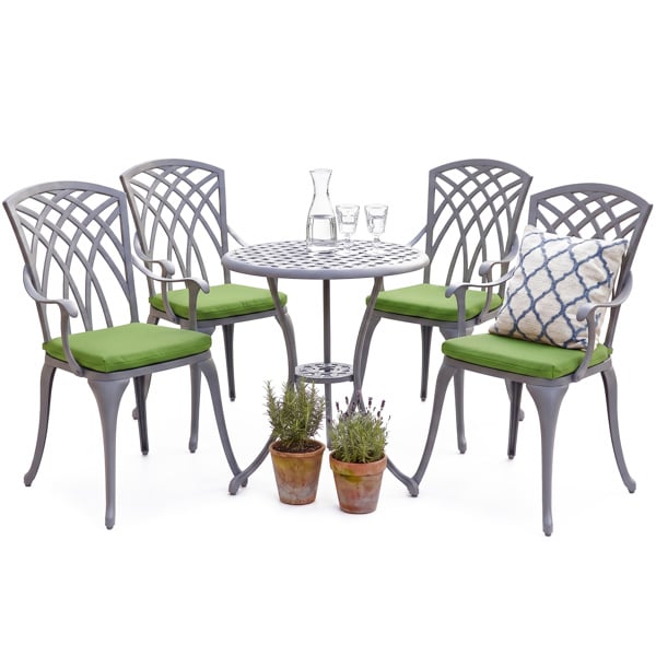 Centurion Supports OSHOWA Luxurious Garden and Patio Table and 4 Large Chairs with Armrests Cast Aluminium Bistro Set - Grey with Green Cushions