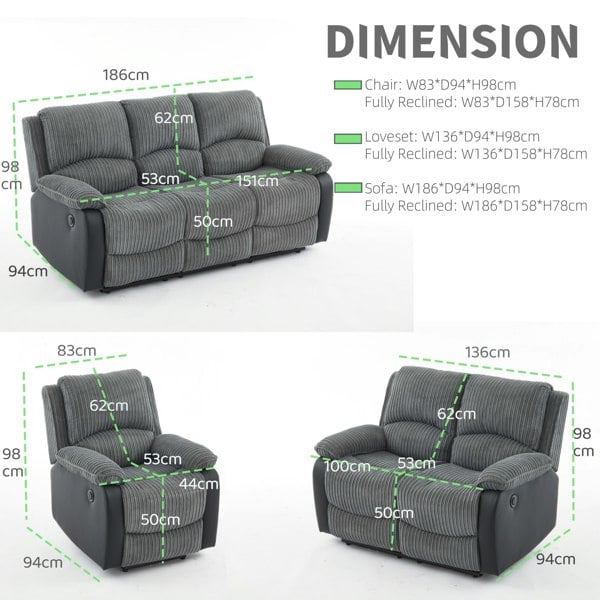 Furniture One Electric Reclining Sofa Set, Corduroy Fabric Recliner Sectional Sofa Suite-Adjustable Backrest and Footrest, Jumbo Cord Fabric Recliner