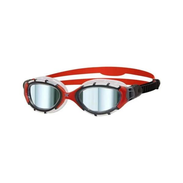 Zoggs Predator Flex Titanium mirrored swim goggles with red and white frame and silver lenses for clear underwater vision
