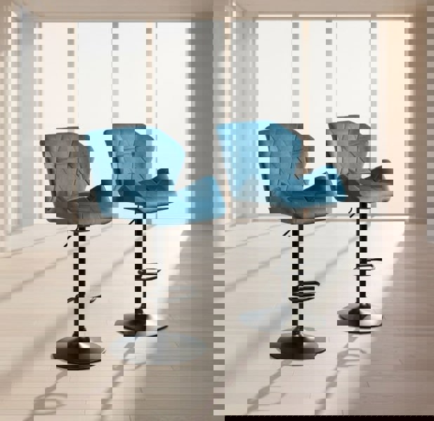 Modcraft Set of 2 Blue Velvet Bar Stools Adjustable Swivel Breakfast Chairs with Footrest & Metal Base