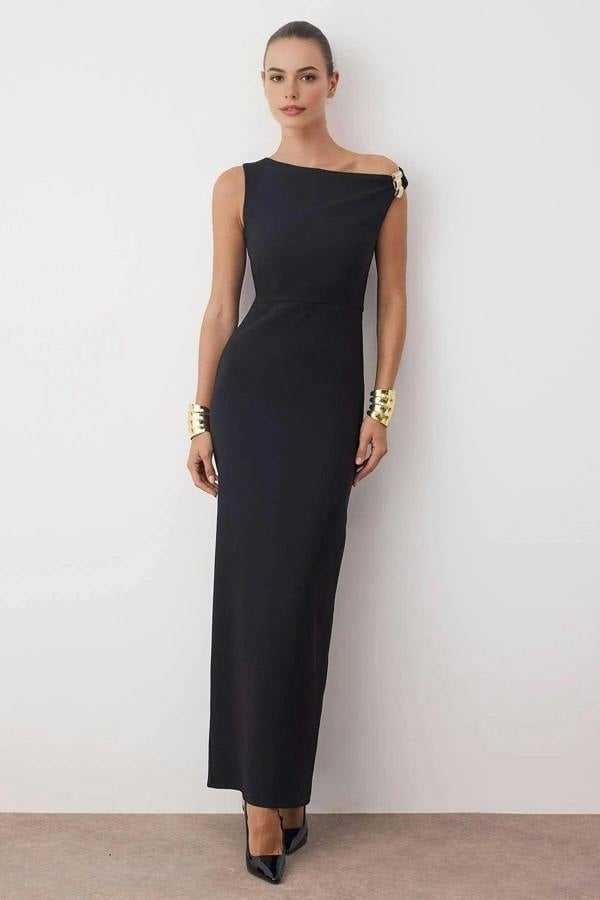 WOVCOR Asymmetrical Collar Maxi Elegant Evening Dress with Accessory Detail