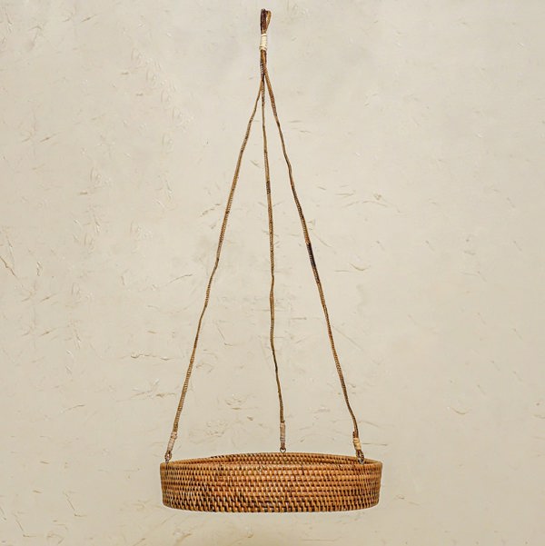 Honey brown rattan hanging plant basket metal insert indoor lifestyle