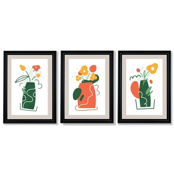 Boho Minimal Floral Green Orange Set of 3 Framed Art Prints with Vermeer Black Frames