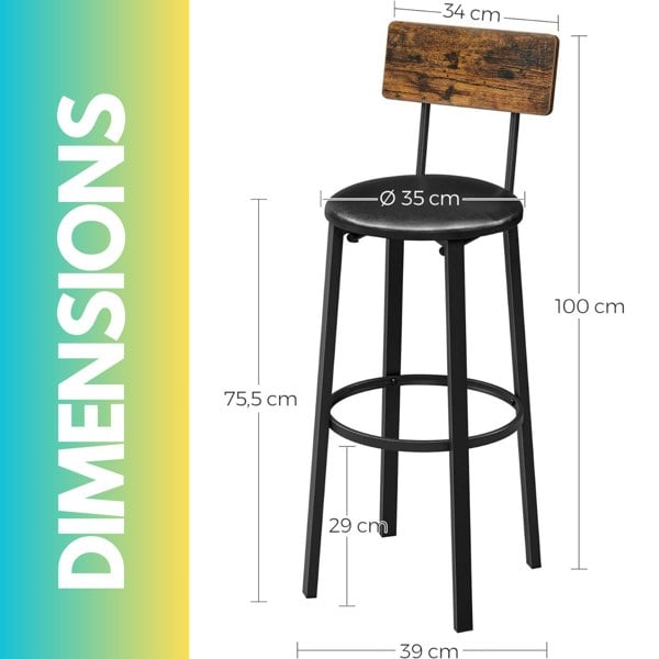 Rafaelo Mobilia 2PC Retro Style Bar Stools Set With Backrest Rustic Brown