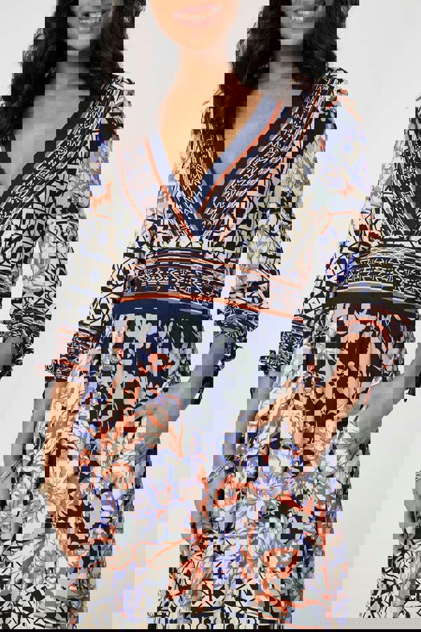 Navy | Floral Border Print V-Neck Midi Dress