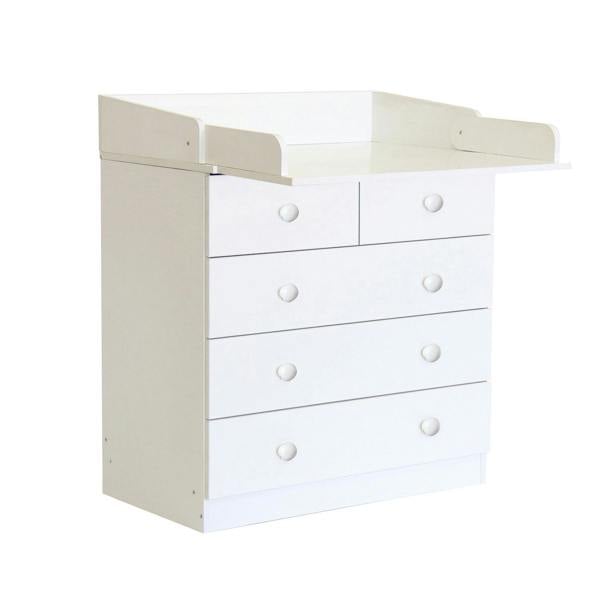 White 4 drawer storage unit with the changing board extended out.