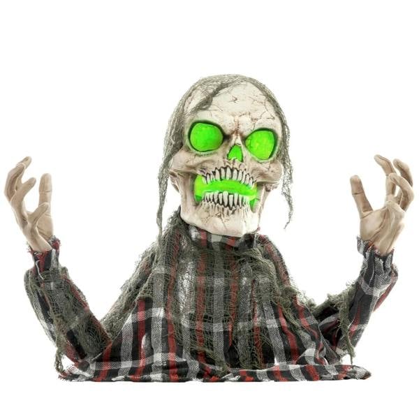 70cm groundbreaker skeleton Halloween animatronic with glowing green eyes, plaid shirt