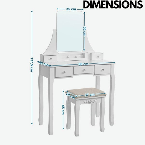 Rafaelo Mobilia 5 Drawer White Dressing Table With Mirror And Stool