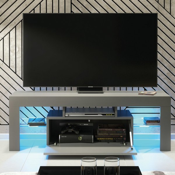 Mex Furniture 130cm TV Unit Cabinet Stand with Grey High Gloss Doors and Free LED Lights