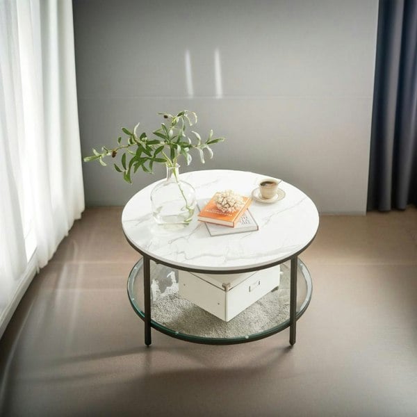 Modcraft White and Black Marble Coffee Table with Glass Storage Shelf
