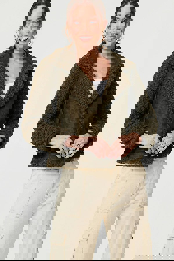 Green | Faux Suede Teddy Lined Biker Jacket
