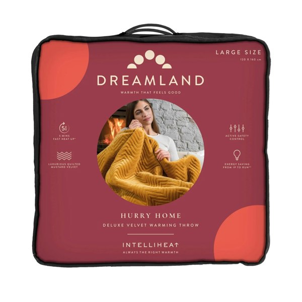 Dreamland Hurry Home Velvet Heated Throw Electric Blanket - Mustard Herringbone - 160cm x 120cm