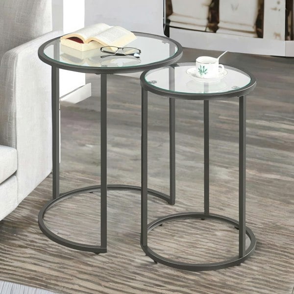 Rafaelo Mobilia Set Of 2 Round Nesting Coffee Tables With Tempered Glass Top Black