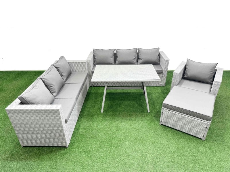 Fimous Outdoor Rattan Garden Furniture Dining Set 8 seater Patio Rectangular Table 3 Seater Sofa Armchair Set with Big Stool