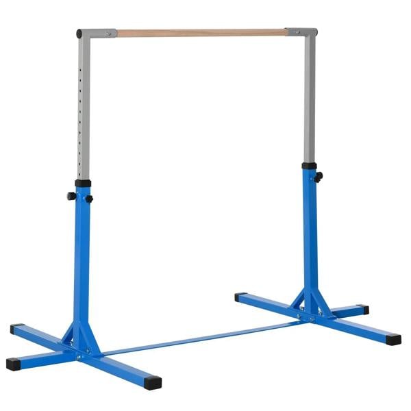 Blue height-adjustable kids horizontal gymnastic bar with two wide stands and base feet