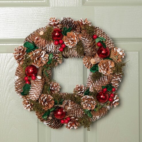 Samuel Alexander 36cm Hanging Christmas YuleFest Wreath with Red Baubles & Snow Tipped Pine Cones