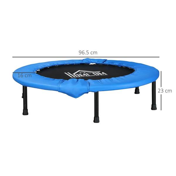 Blue 38-inch mini trampoline with safety pad and black legs