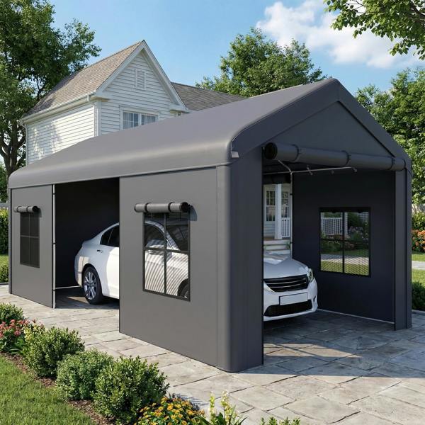 Outsunny 3 x 6 m Heavy Duty Carport, Portable Garage with 3 Doors, Dark Grey - 300W x 598D x 282H cm - Carport - Dark grey
