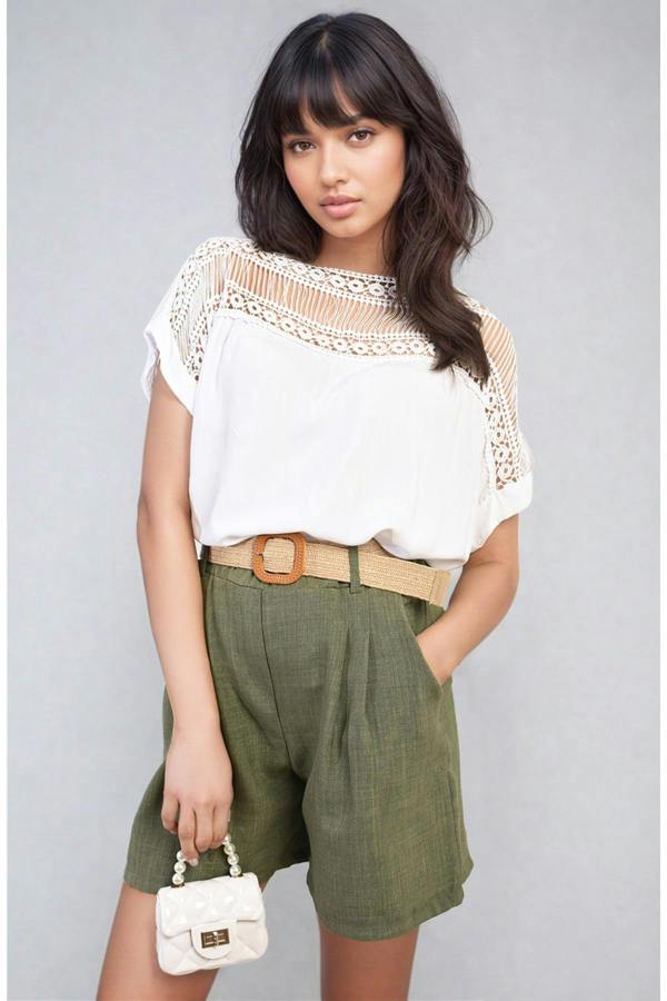 Sylvia Lace Insert Round Neck Hollow Top - White
