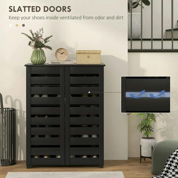 Black narrow shoe cabinet with slatted doors for ventilated shoe storage