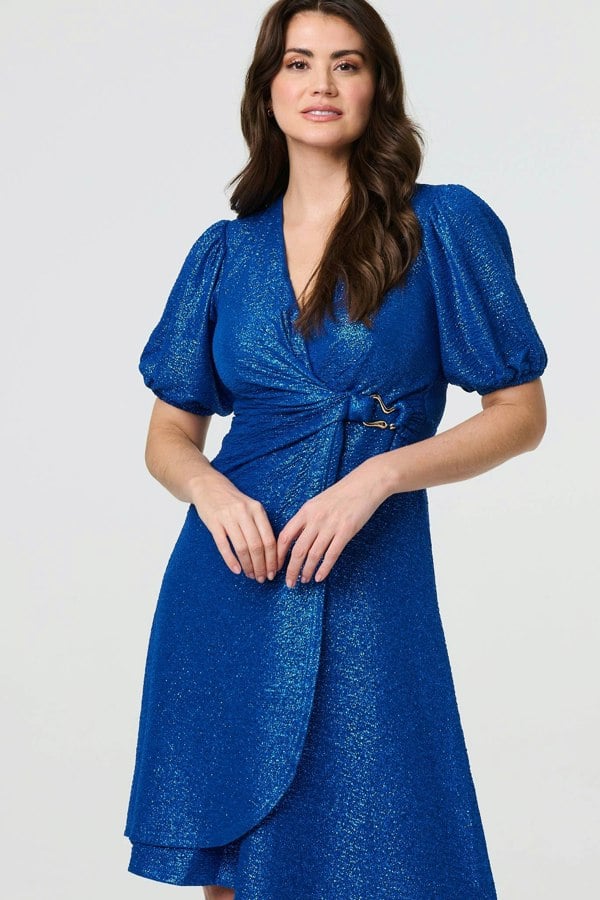 Blue | Sparkly Short Sleeve Belted Wrap Dress