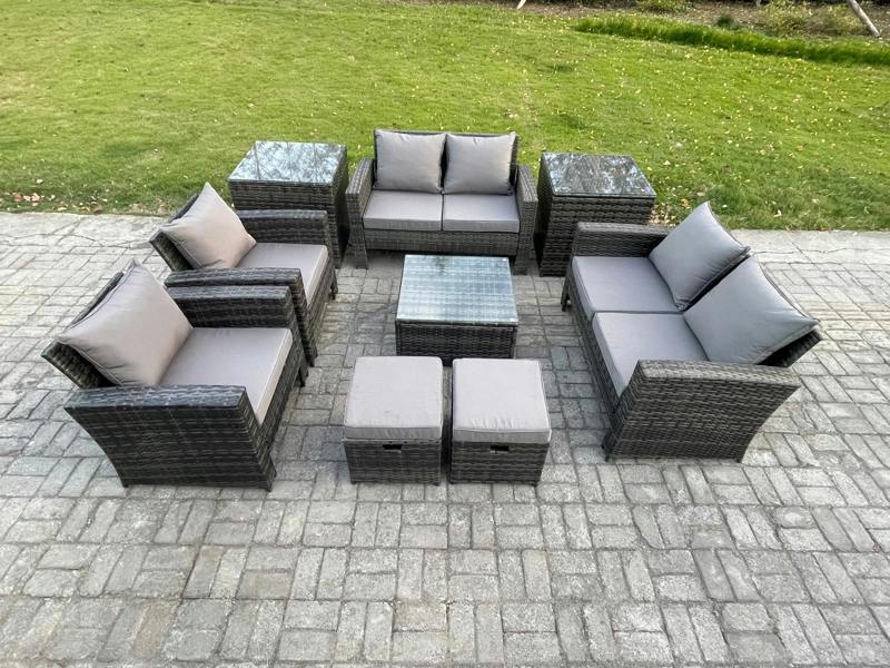 Fimous 9 Pieces Outdoor Set, Wicker Rattan, Manual Patio Sofa Conversation, 2 Small Footstools and 2 Side Tables, Dark Grey Mixed