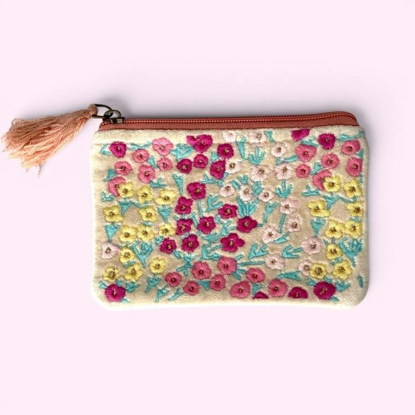 Hayley & Co Embroidered Velvet Coin Purse | Ditsy Floral in Cream and Pastels