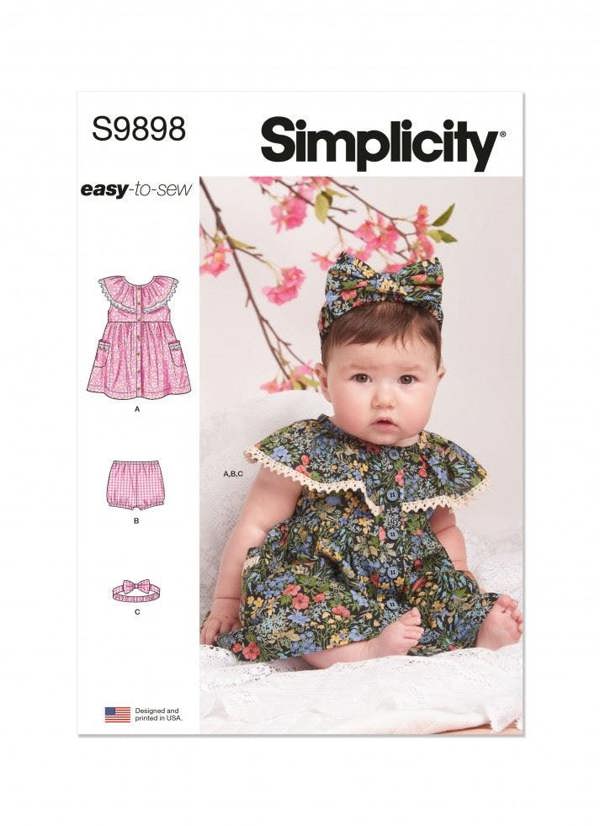 Simplicity Sewing Pattern 9898, Dresses, Shorts, Headwear for Baby, A (XXS-XS-S-M-L) - Easy
