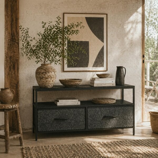 Wyld Haus Avatera 98cm Black and Grey TV Storage Unit With 2 Fold Down Fabric Drawers