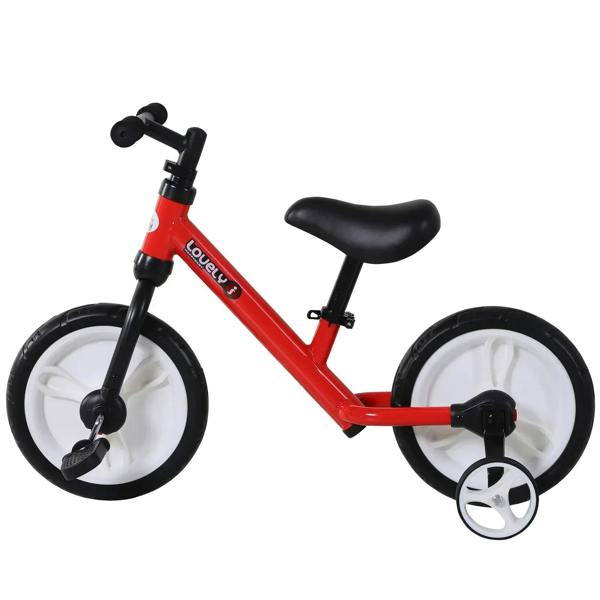 Red kids balance bike with black seat and white wheel rims