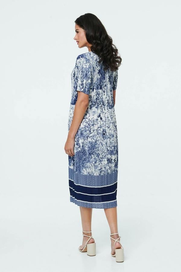 Navy | Printed Short Sleeve Pleated Midi Dress