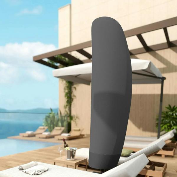 Black cantilever umbrella cover on pedestal base beside outdoor seating