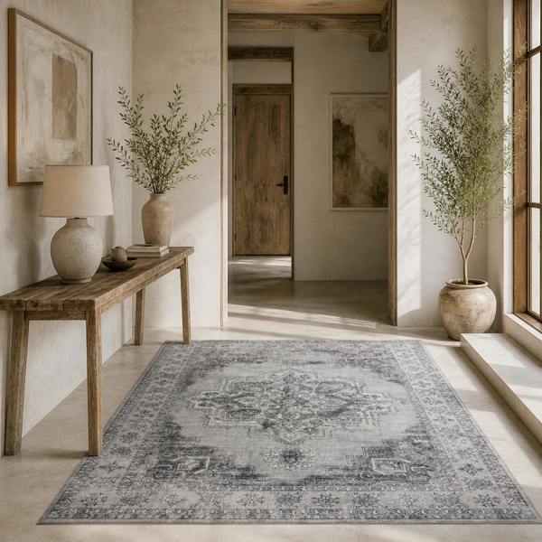 Wyld Haus Vera 290 x 200 cm Polyester Grey Vintage Style Non Slip Washable Rug
