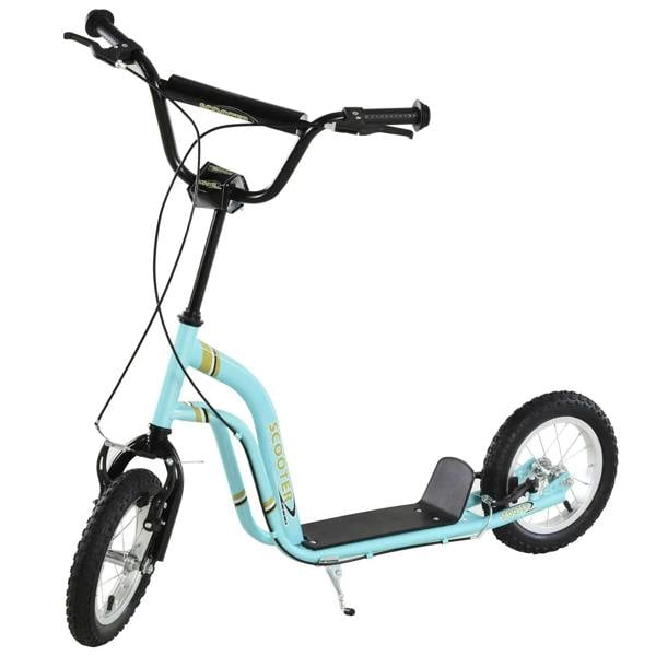 Turquoise kids stunt scooter with black handlebars, front wheel, and kickstand.