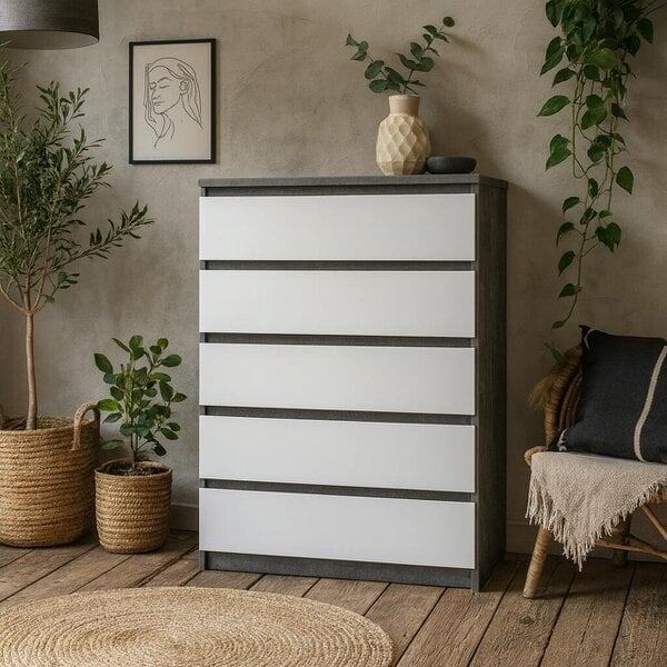 Wyld Haus Budapest Tall Concrete Effect and White Wooden Chest of 5 Drawers