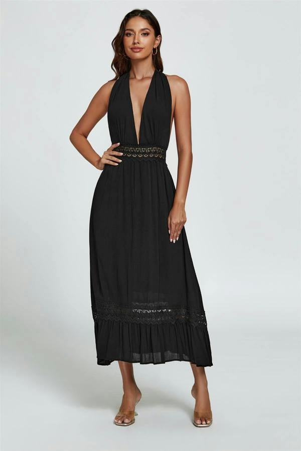 FS Collection Lace Detail Adjustable Deep V Neckline Maxi Dress In Black