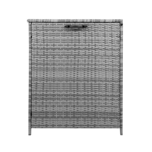 Grey rattan cushion storage box with a textured woven design, featuring a flat top and sturdy handles for easy access and organization