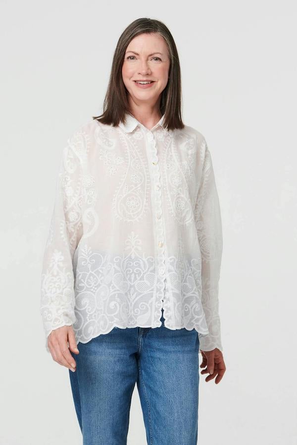 White | Embroidered Sparkle Long Sleeve Shirt