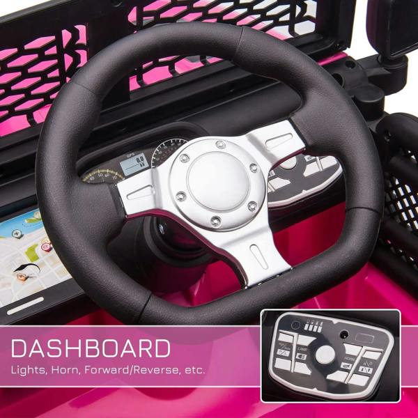 Pink dashboard with black steering wheel on kids electric ride-on car, control panel view