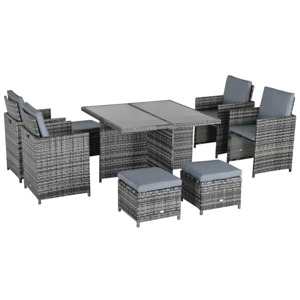 Grey woven rattan dining set with square glass table, armchairs, and cushioned stools