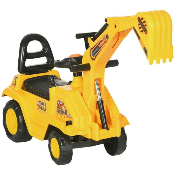 Kids yellow ride-on excavator tractor pull cart with black seat and front bucket
