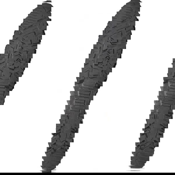 Dunlop JobGuard Acifort Mens Steel Toe/Midsole Work S5 Wellington, black safety work boot outsole with slip-resistant tread pattern.