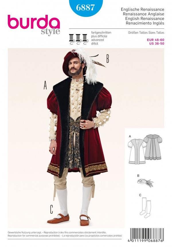 Burda Sewing Pattern 6887 Costumes and Vintage Style For Men, 36-38-40-42-44-46-48-50 - Advanced