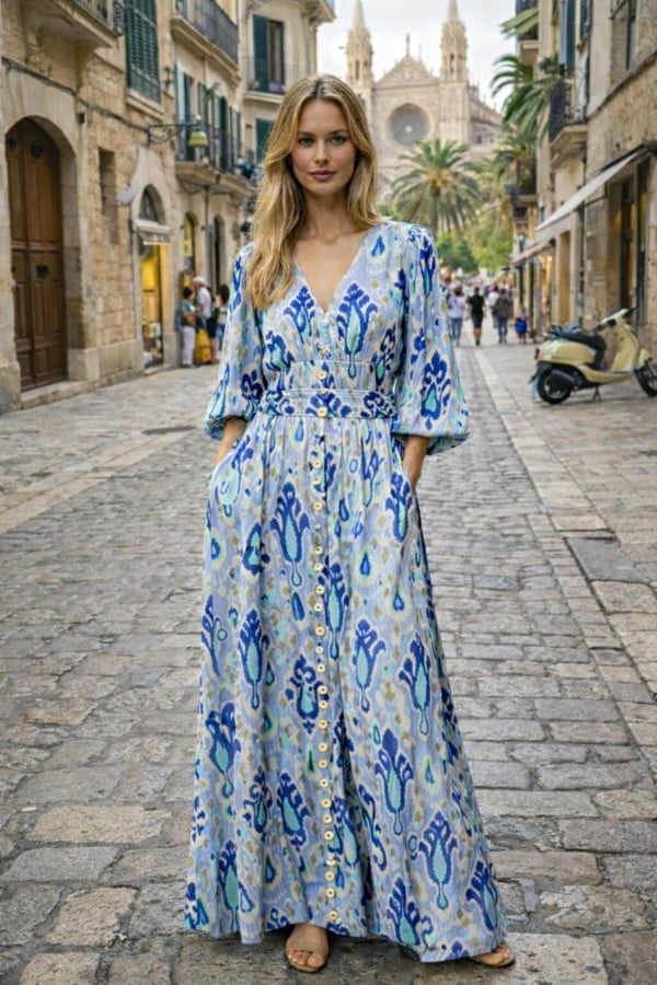 Blue Aztec print satin button through maxi dress