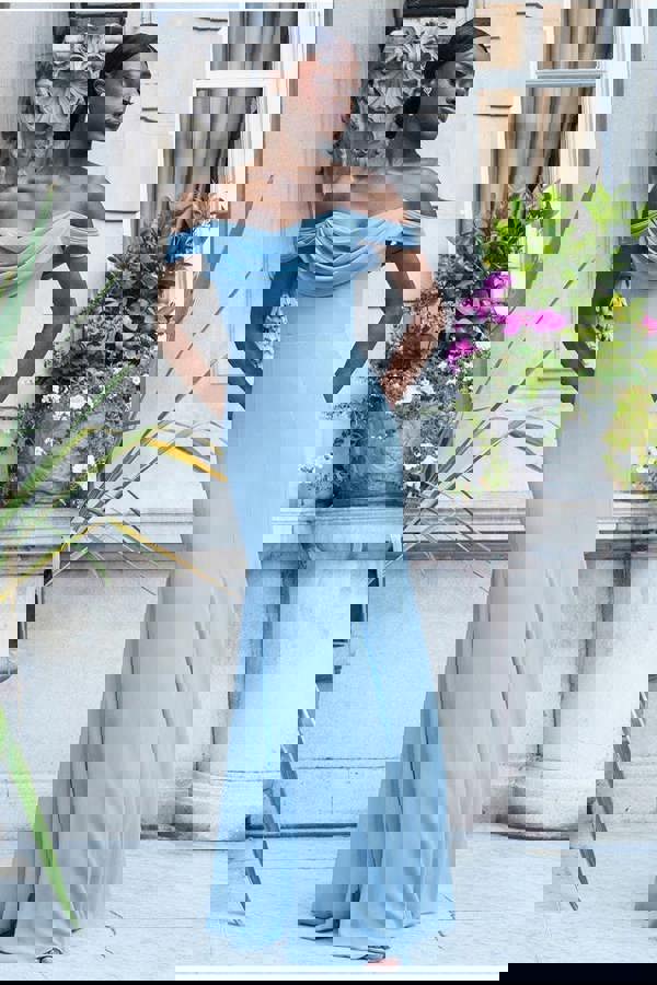 Chiffon Bardot Cowl Neck Maxi Dress - Duskyblue DR2781A