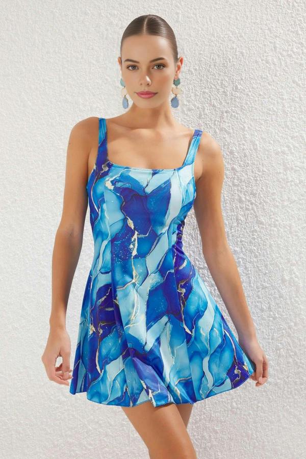 WOVCOR Plain Square Neck Covered Basic Skirt Swimsuit