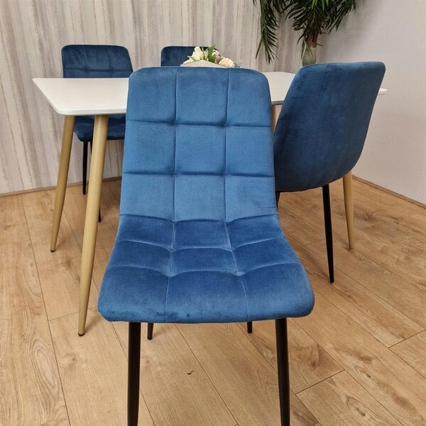 Kosy Koala Wooden Dining Table Set for 4 White Wooden Table and 4 Blue Velvet Chairs